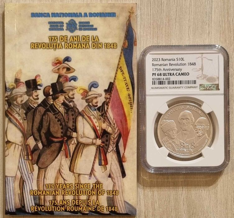 Moneda BNR 10 lei argint, Revolutia Romana din 1848, gradata NGC PF 68