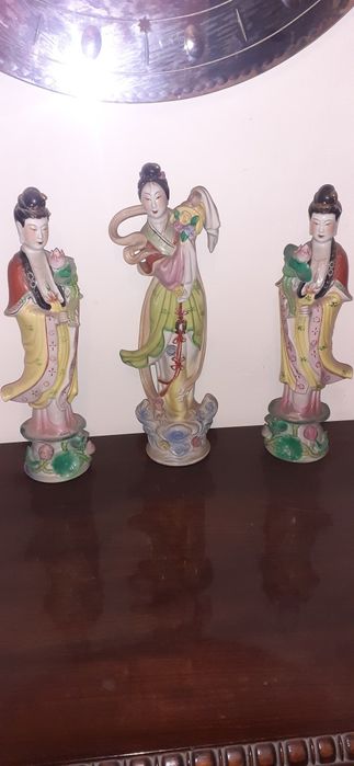 Triptic/budist/chinezesc: Zeița/Guan Yin flancată de fiinte/iluminate (în oglindă/pentru armonie/Feng/Shui)