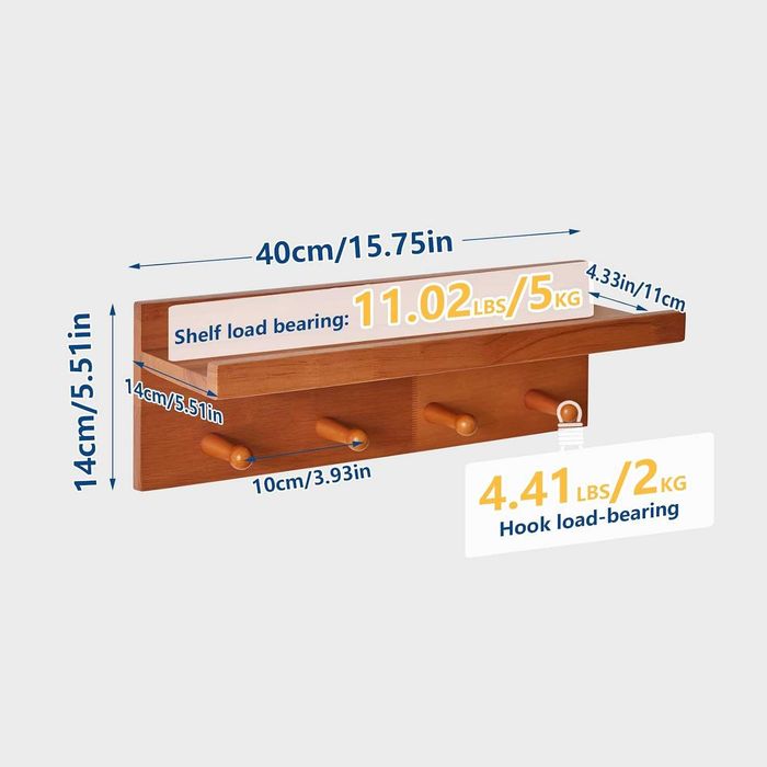 Стенна дървена закачалка с рафт и 4 куки, 40 см