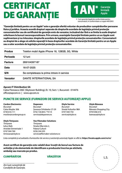 Telefon mobil Apple iPhone 16, 128GB, 5G, White - Cu Garantie - Ca nou