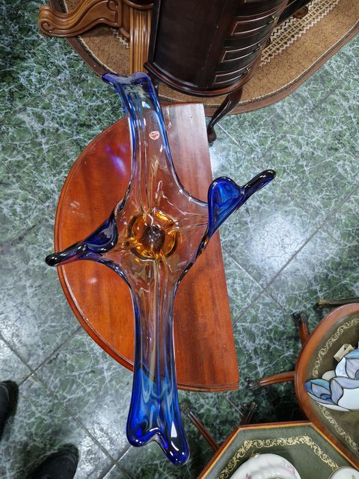 Уникална голяма антикварна италианска кристална фруктиера Мурано