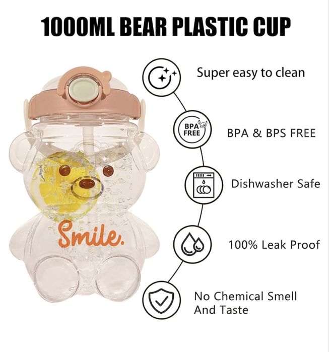 Бутылка для воды спортивная с трубочкой/ фляга детская Мишка 1000мл/