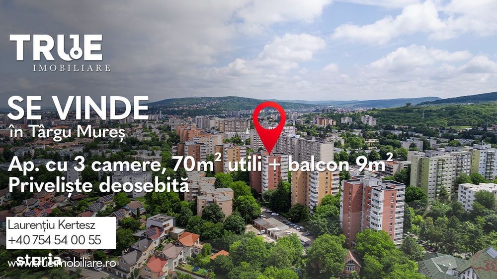 Ap. 3 camere, 70m² + 9m² balcon, cartierul Dâmbu, Târgu Mureș