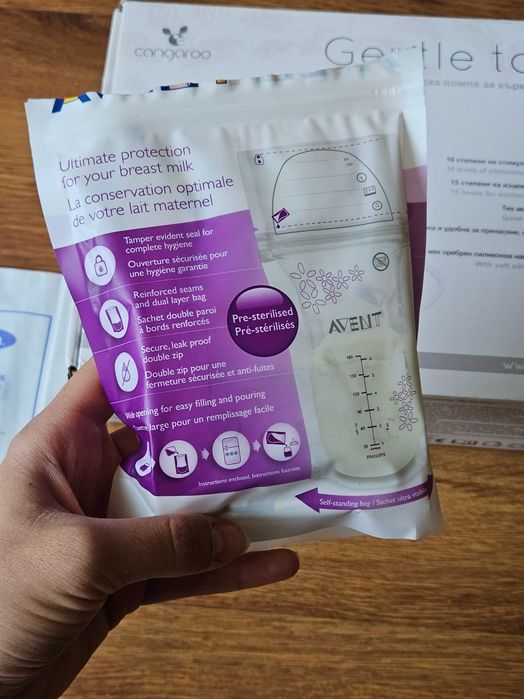 Помпа за кърма Cangaroo Gentle Touch, пликчета за съхранение на кърма
