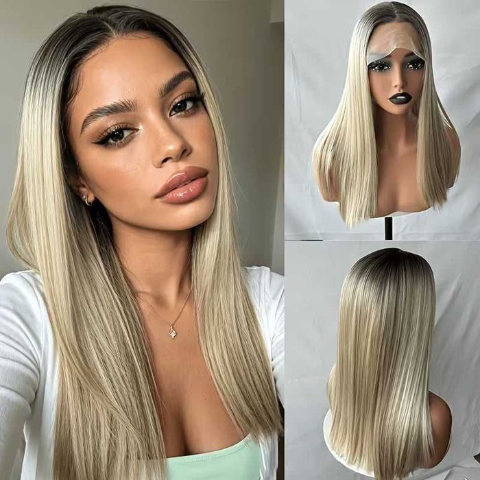 Руса права омбре перука с черни корени - 40 см, лейс фронт 13×4 Lace Front