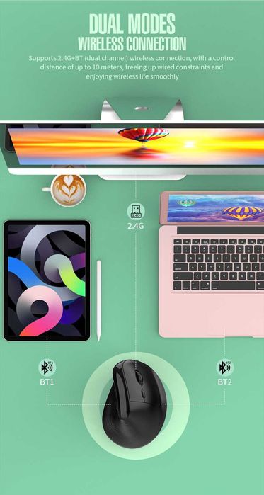 Mouse wireless vertical, cu sau fara fir 2.4GHz + BT 5.0,