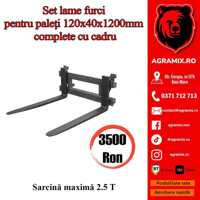 Set lame furci pentru paleti 120x40x1200mm complete cu cadru Agramix