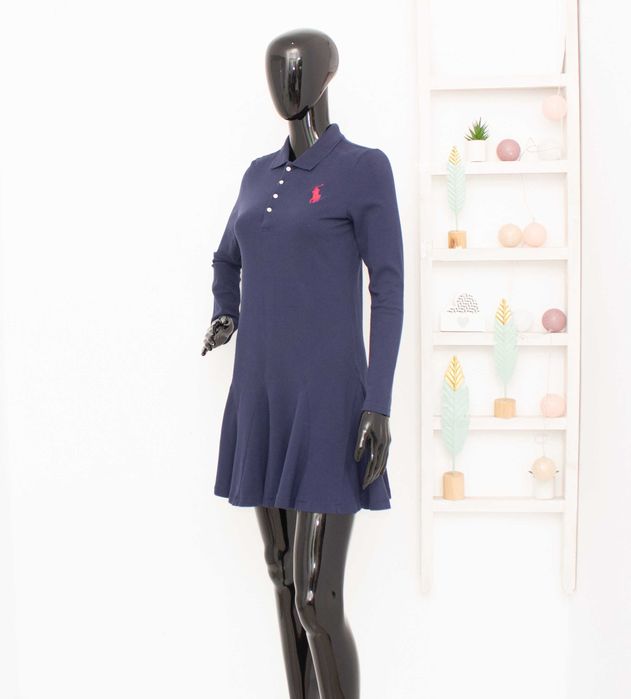 Polo Ralph Lauren оригинална рокля с яка тъмно синя бродирано пони 16 год./XS