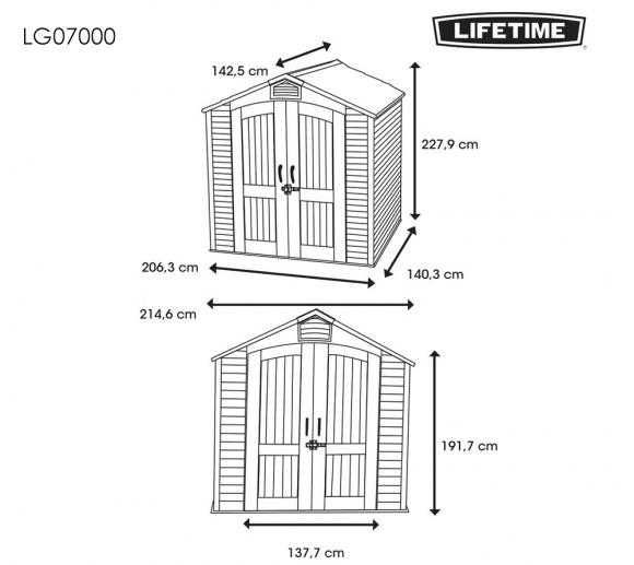 Градинска барака Lifetime Starlet 143×215x228 cm 3 кв м, HDPE пластмаса 26 мм дебелина на панела