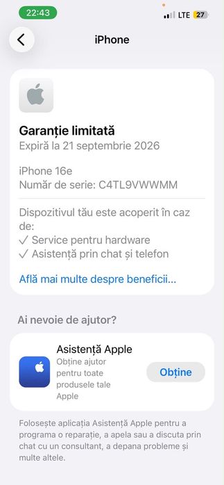 iPhone 16e 128GB – Alb – Baterie 100%
