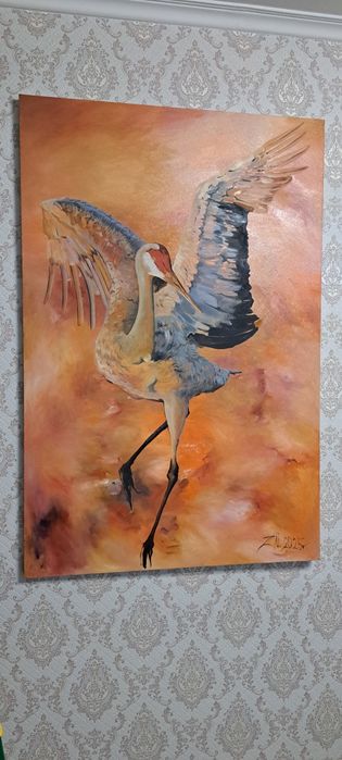 Картина маслом "Цапля в оранжевом"