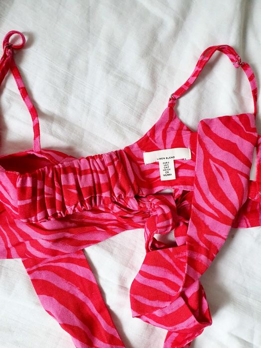 H&M Costum baie S sutien din in, linen blend, roz, cu barete lungi, bretele reglabile roz top sexy