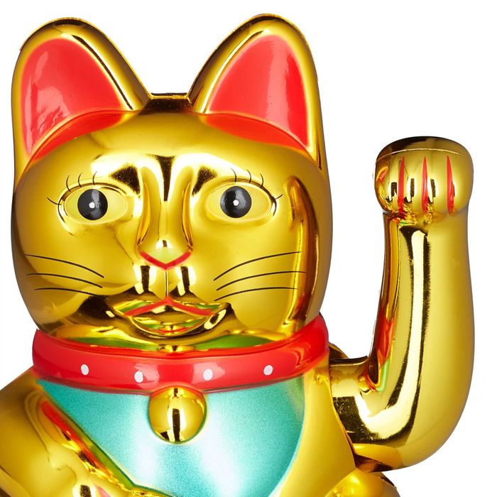 Maneki neko pisica norocoasa aurie cu brat mobil 16 cm decor feng shui