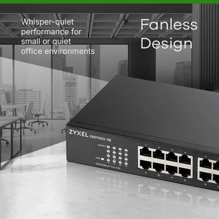 Switch Zyxel Gigabit Ethernet 16 porturi GS1100-16 cutie deschisă nouă montare în rack Plug and Play fanless