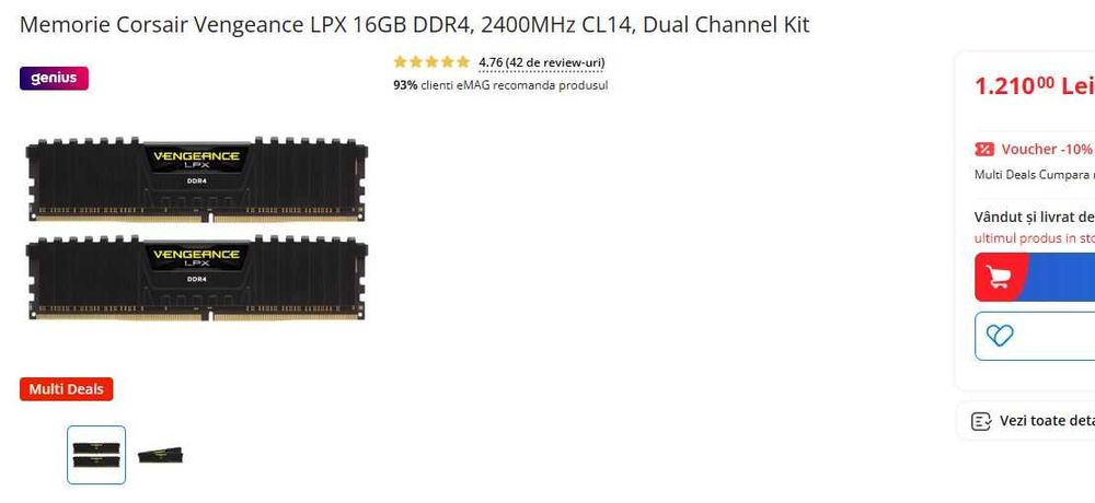 Memorie RAM DDR 4 16 GB  ( 2 x 8 GB )