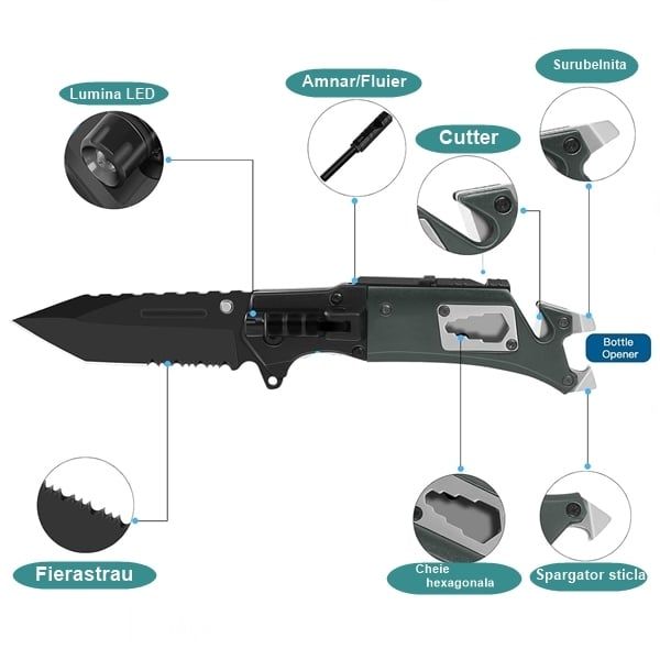 Cuțit de buzunar multifunctional 9 in 1, pliabil, lumină LED, 21 cm