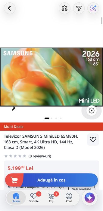 Televizor MiniLED Smart tv 65” 163 cm  SAMSUNG 65M80H, Ultra HD 4K, 163cm, nou sigilat