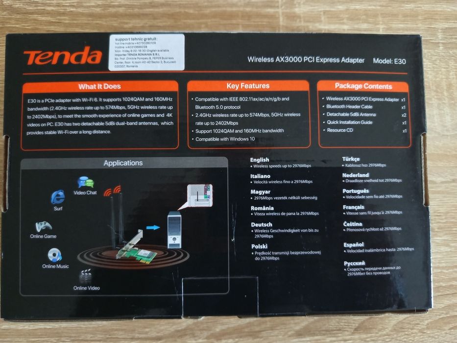 Placa de retea Tenda E30 AX3000  PCIe WI-FI 6