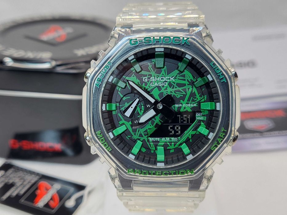 Ceas Sport Casio g shock ga 2100 jellyfish ,transparent verde , Nou,Garantie 2 ani