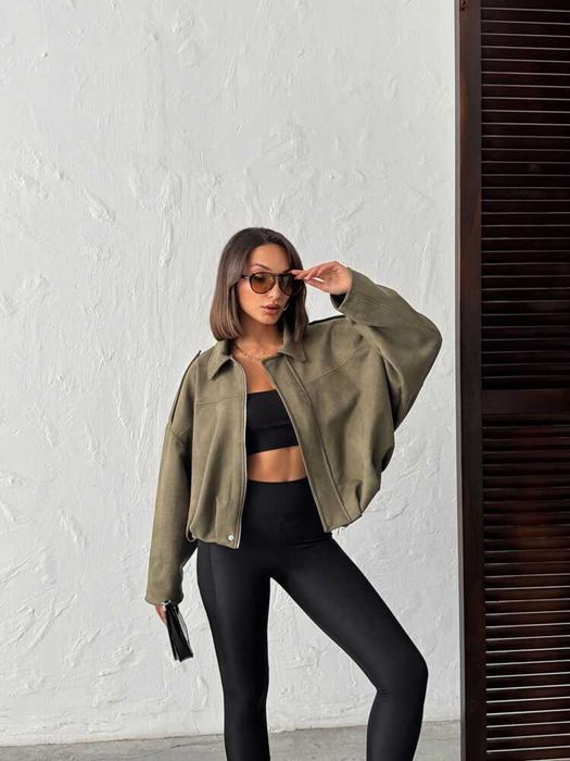 Ново дамско преходно яке от изкуствен велур- OVERSIZED, маслено зелено