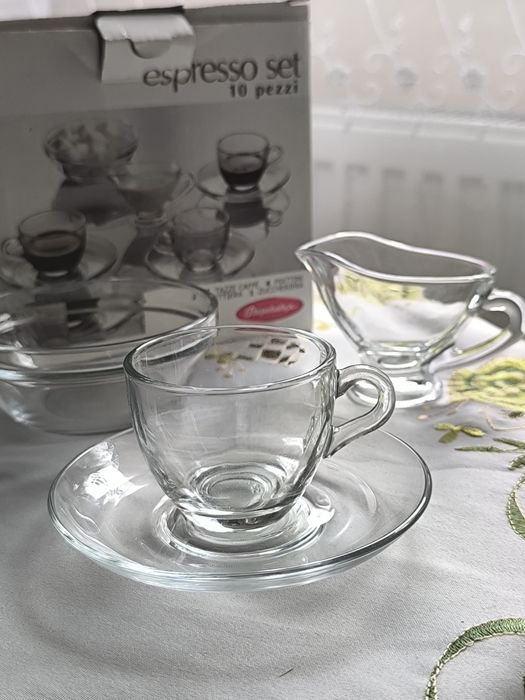 Set 10 piese espresso din sticlă – Căni, farfurioare, letieră și zaharniță