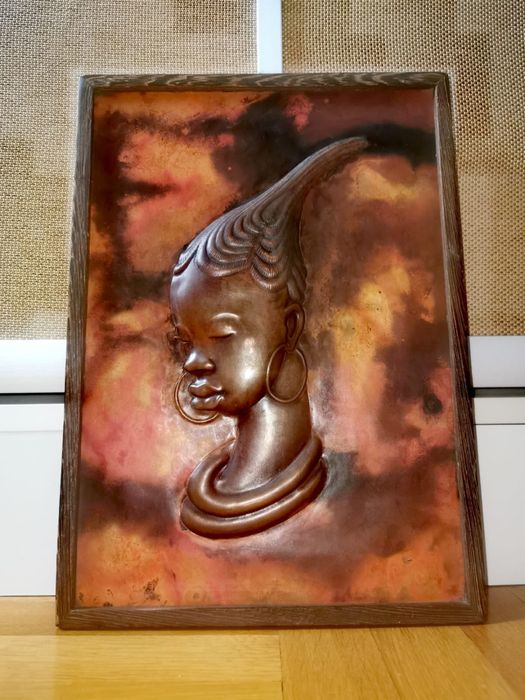 Антикварен Бюст жена стил арт нуво медна стенна плоча картина изкуство