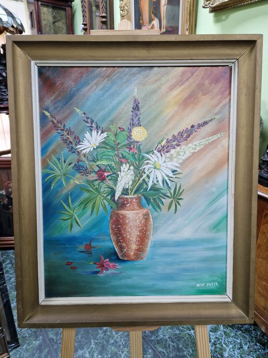 Стар голям антикварен френски натюрморт масло върху платно