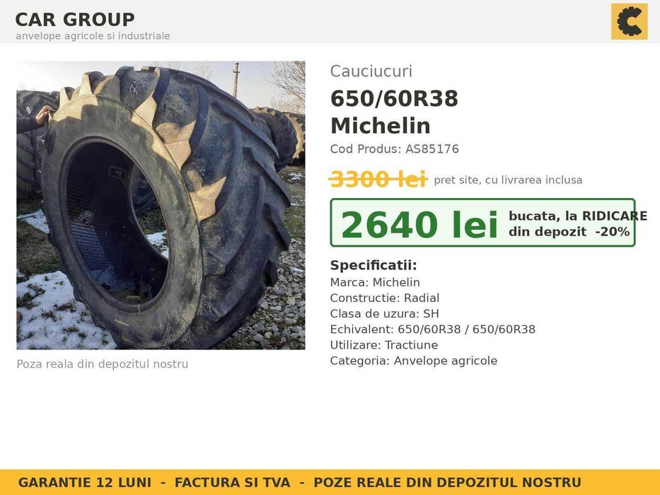 ANVELOPE 650/60R38 Michelin Cauciucuri Tractor Spate 4x4 John Deere Fendt Claas 2 BUCATI SH GARANTIE Factura TVA Livrare