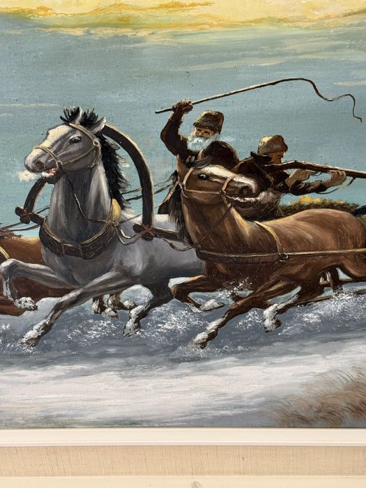 красива голяма картина ловна сцена маслени бои платно автор