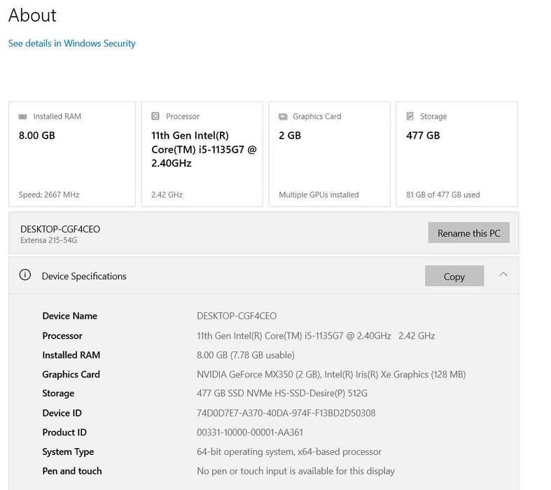 Acer Extensa 215-54G i5 • MX350 • 8GB/512GB • Yaxshi holat