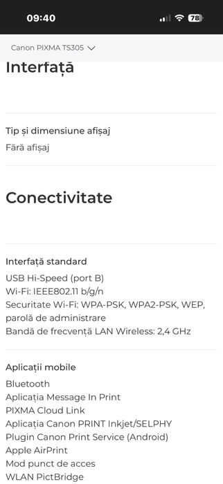 Imprimantă Canon Pixma TS305, funcțională, necesită cartușe