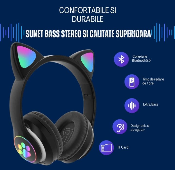 Casti copiii wireless- urechi de pisica, negru