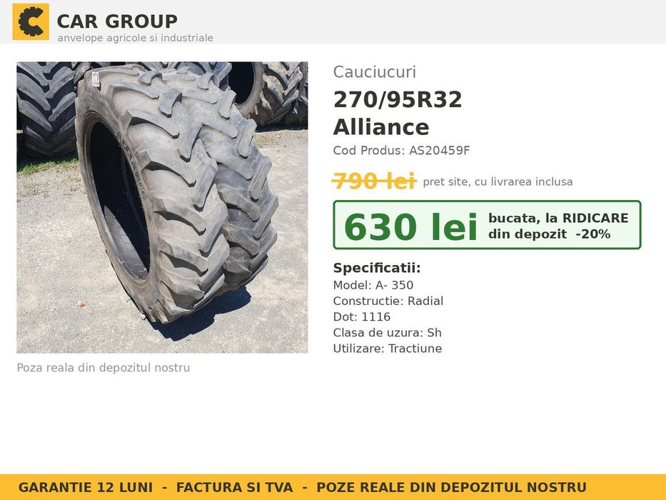 Anvelope Cauciucuri 270/95R32 270/95 R32 270/95-32 11.2R32 2709532 Alliance Prasitoare Tractor Roti Inguste Utilaje Agricole SH Second Hand IEFTIN