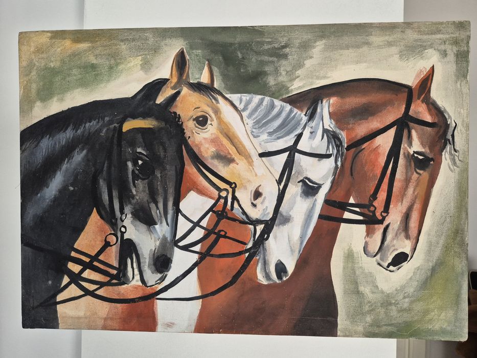 Стара маслена картина „Коне“ – автентично платно (61x42 см)
​Описание: