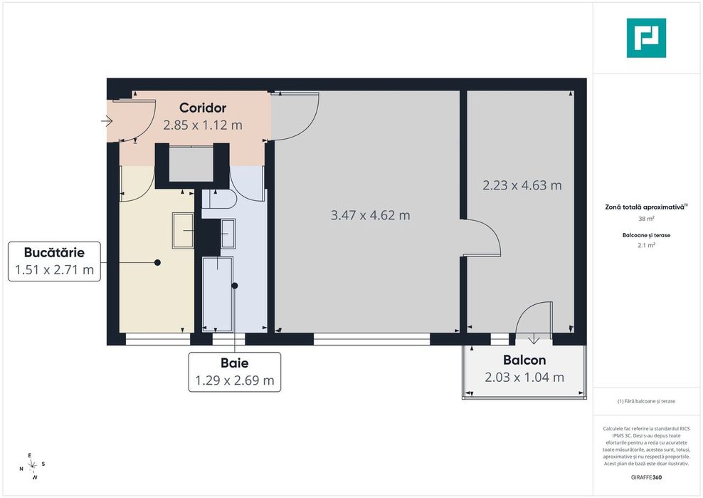 Apartament cu 2 camere, 39 mp, semicentral