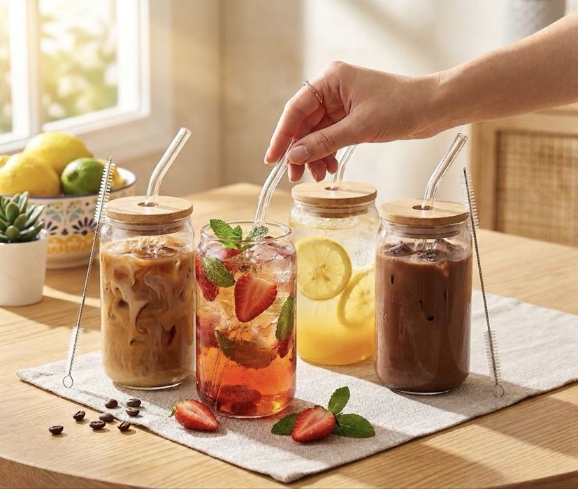 Set 4 Pahare de Sticla cu Capac si Pai, sticla borosilicata, perie pentru curatare inclusa, capac din bambus