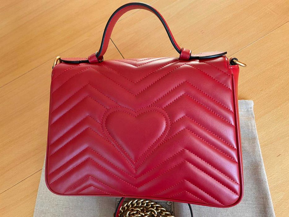 Чантa Гучи Оригинална Горна Дръжка GG Лого Marmont Червена Кожа Gucci