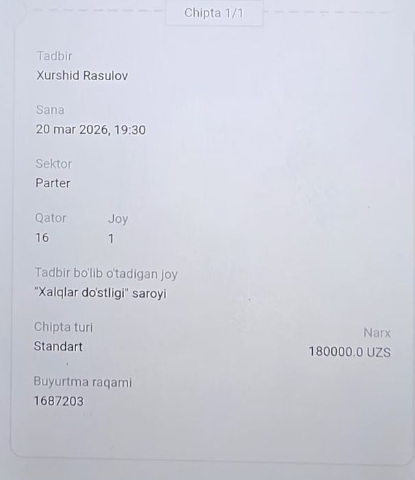 Konsertga bilet 1-kishilik