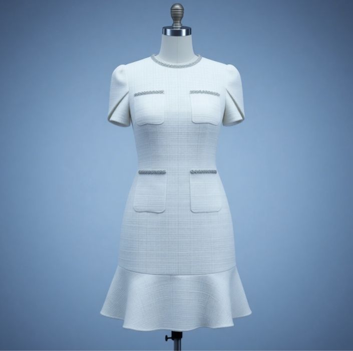 Белое твидовое платье