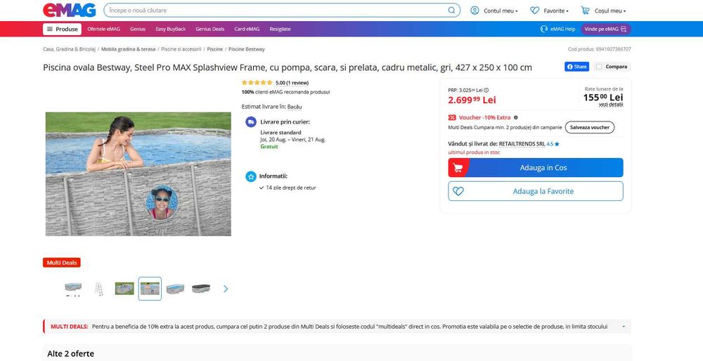 Piscina ovala Bestway, Steel Pro MAX Splashview Frame, cu pompa, scara, si prelata, cadru metalic, gri, 427 x 250 x 100 cm
