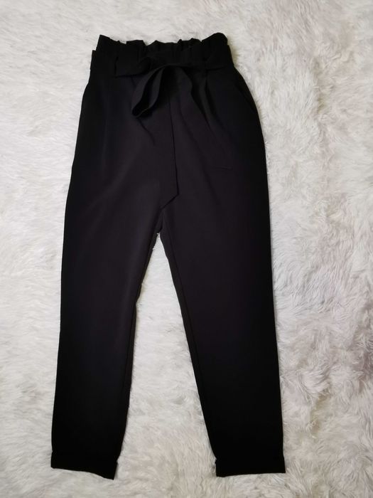 Pantaloni eleganti paperbag talie inalta negri marimea 32 XXS
