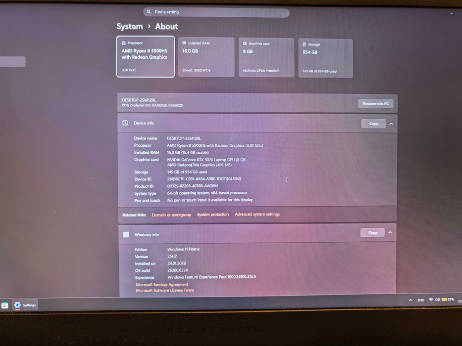 Лаптоп Asus ROG Strix Ryzen 9 5900HS, RTX 3070, 1TB SSD, 16GB Ram