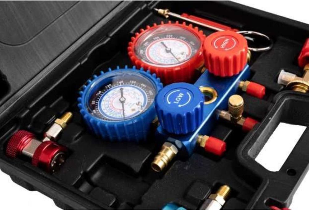 Trusa testare AC aer conditionat manometre verificare incarcare freon 2 robineti 3 furtune