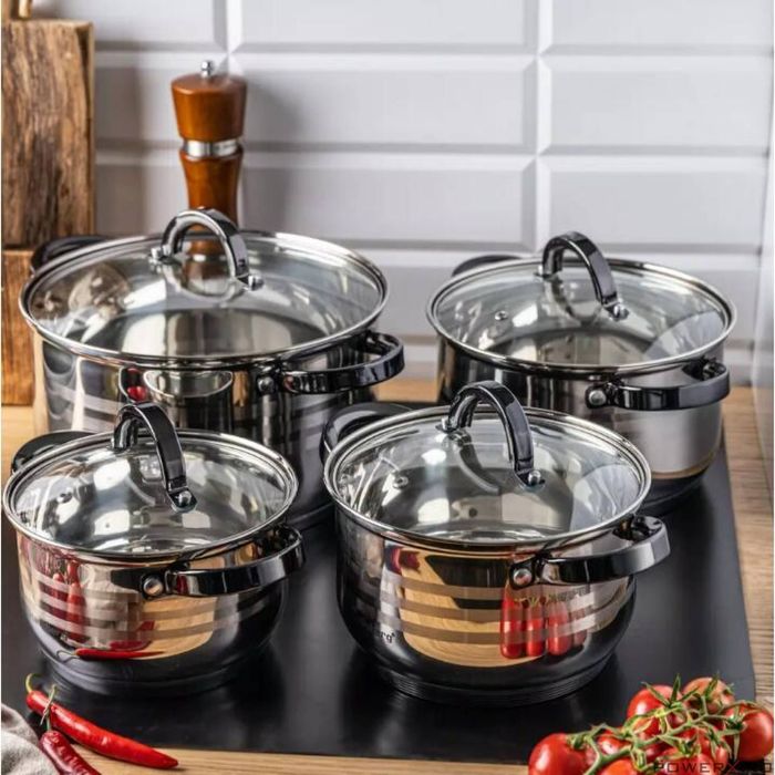 Set 4 oale, din inox, cu capac, manere negre,16/18/20/24cm, Klausberg