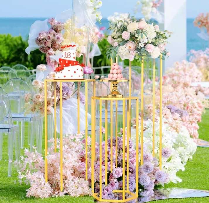 Set 3 suporturi cilindrice aurii decor nunți/petreceri, mese piedestal candy bar