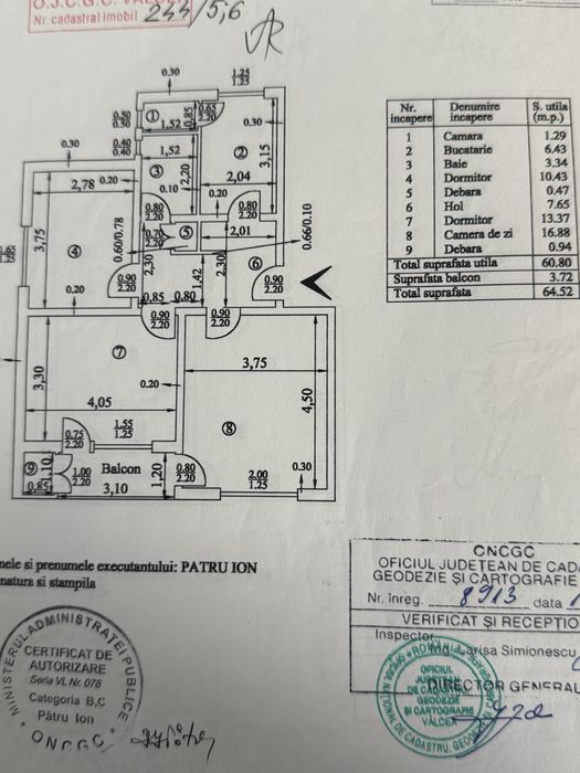 Vand apartament 3 camere, 65 mp (4.66 mp balcon), et 2/4, decomandat, zona Nord  ( Pedagogic )