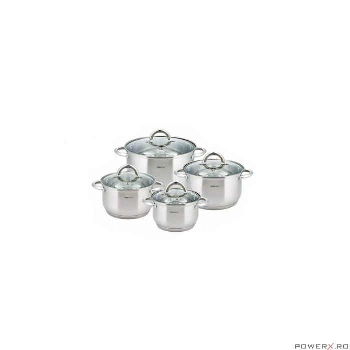 Set de 4 oale din inox cu capac sticla, dimensiuni 16cm, 18cm, 20cm,