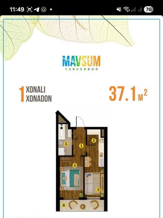 1 xonali 36 m² | Mavsum Yunusobod | 7-qavat | Kadastr tayyor