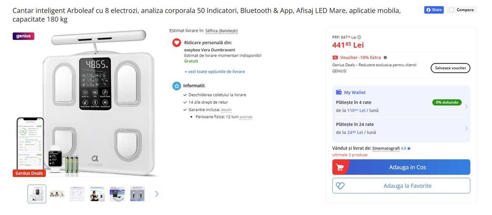 Cantar smart Arboleaf cu senzori manuali, analiza corporala completa, app