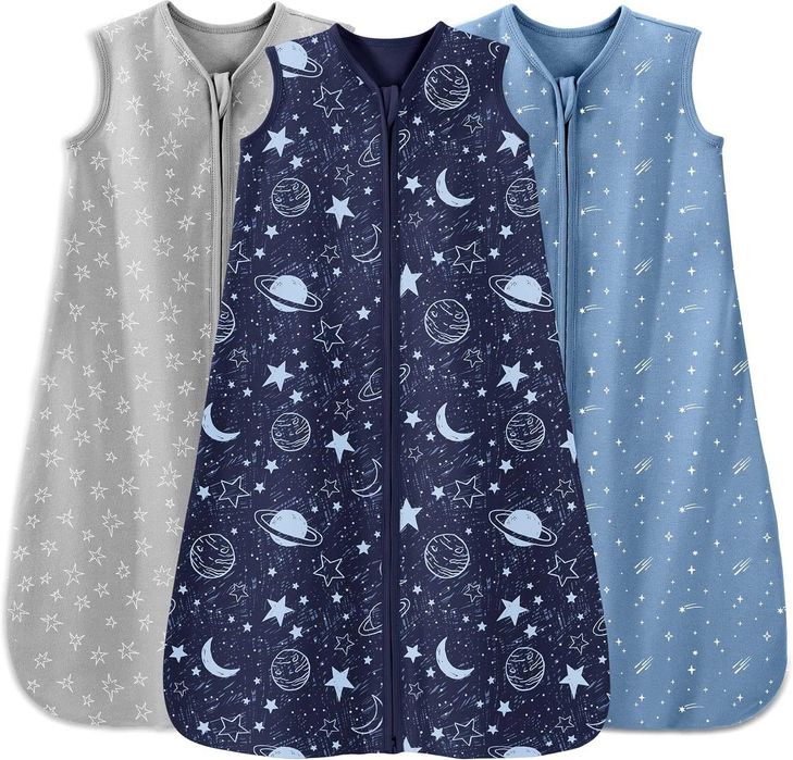UNNIVOLL – Комплект от 3 бебешки спални чувала, 0.5 TOG, 100% памук, 0–6 месеца, Gray Blue Planet